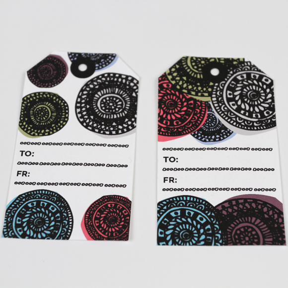 Holiday Card size: 5 1/2" x 4 1/8" folded. Holiday Gift tags size: 1 3/4" x 3"