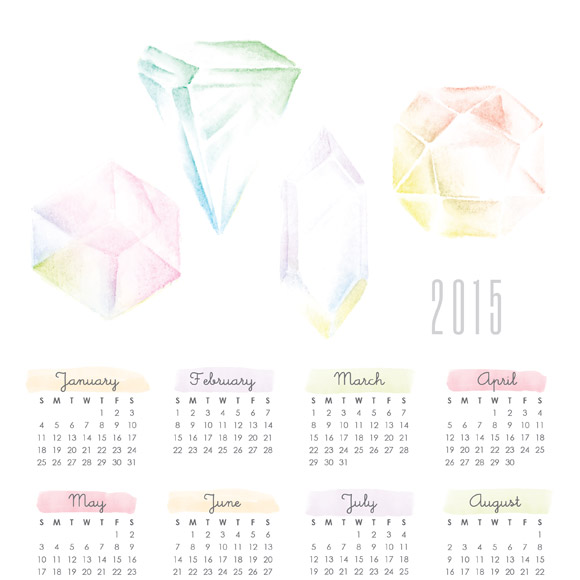 This printable 2015 calendar with colorful Gemstones will be a nice piece of wall art for your home or office. There are many ways to display it, you can clip it on a modern or vintage clip board, frame it or simply hang it with a piece of double sided tape. Whatever you decide to do, the calendar will make sure you stay on top of things in 2015! All you have to do is download the PDF and print the file via Adobe Acrobat on 8.5 x 11 or A4 paper stock. 