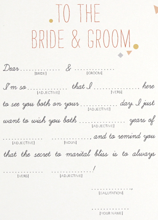 These Mad Lips are a great way to engage your guests at your wedding reception, engagement party or bachelorette party. Not only will these mad lips be a fun, interactive activity for each of your guests, it will leave you with something fun to look back on after the festivities are over. Hilarious wording combinations from your family members and friends guaranteed with these mad libs. Enjoy!This 5" x 7" mad libs template is set up 2 on a page.&nbsp;This is a Digital Item for you to print on your own, no printed cards will be mailed to you. Here is a link to our printed Mad Libs.&nbsp;After you purchase this item, you'll receive a confirmation email. In this email click on the link "Confetti Mad Libs PDF" to instantly download your PDF.