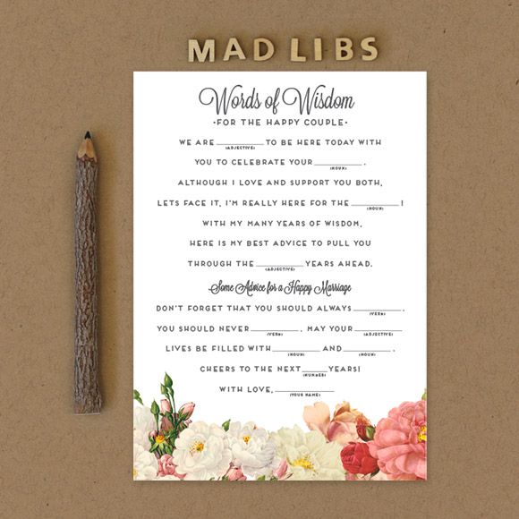 Mad Libs are a fun activity for guests at any wedding event, such as an engagement party, bridal shower or bachelorette party. Wedding guests will surely be entertained while writing down their best advice. The couple will have a great keepsake item to read back on anniversaries or date nights. This 5" x 7" mad libs template is set up 2 on a page.This is a Digital Item for you to print on your own, no printed cards will be mailed to you. Here is a link to our printed Mad Libs.After you purchase this item, you'll receive a confirmation email. In this email click on the link "Le Jardinier Mad Libs PDF" to instantly download your PDF.