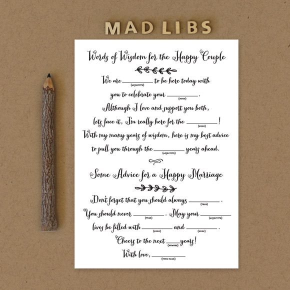 Mad Libs are a fun activity for guests at any wedding event, such as an engagement party, bridal shower or bachelorette party. This can also be a wonderful substitute for a wedding guest book at a wedding reception. Wedding guests will surely be entertained while writing down their best advice. The couple will have a great keepsake item to read back on anniversaries or date nights. This 5" x 7" mad libs template is set up 2 on a page.&nbsp;This is a Digital Item for you to print on your own, no printed cards will be mailed to you.After you purchase this item, you'll receive a confirmation email. In this email click on the link "Rustic Country Mad Libs PDF" to instantly download your PDF.