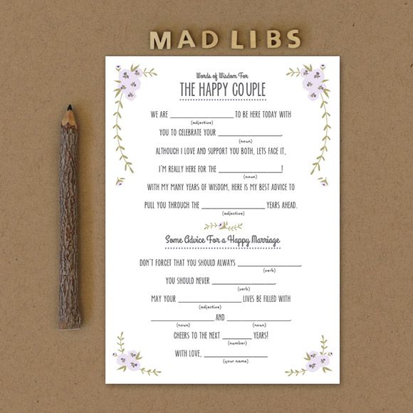 Mad Libs are a fun activity for guests at any wedding event, such as an engagement party, bridal shower or bachelorette party. This can also be a wonderful substitute for a wedding guest book at a wedding reception. Wedding guests will surely be entertained while writing down their best advice. The couple will have a great keepsake item to read back on anniversaries or date nights. This 5" x 7" mad libs template comes in light blue and lavender. It's set up 2 on a page.&nbsp;This is a Digital Item for you to print on your own, no printed cards will be mailed to you.After you purchase this item, you'll receive a confirmation email. In this email click on the link "Rustic Mad Libs PDF" to instantly download your PDF.