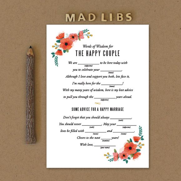 Mad Libs are a fun activity for guests at any wedding event, such as an engagement party, bridal shower or bachelorette party. Wedding guests will surely be entertained while writing down their best advice. The couple will have a great keepsake item to read back on anniversaries or date nights. This 5" x 7" mad libs template is set up 2 on a page.&nbsp;This is a Digital Item for you to print on your own, no printed cards will be mailed to you.After you purchase this item, you'll receive a confirmation email. In this email click on the link "Watercolor Floral Mad Libs PDF" to instantly download your PDF.