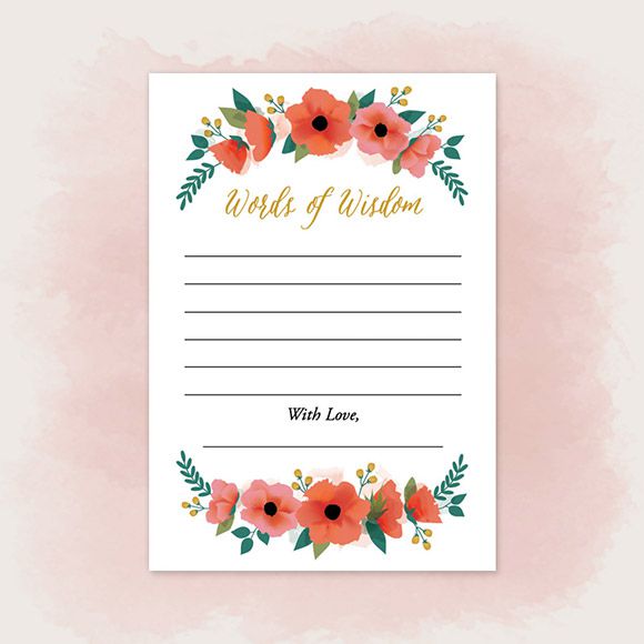 These Words of Wisdom Cards can be used at your wedding, by placing a box with cards next to the guest book so guests can fill out the card when they sign the guest book.&nbsp;They can also be used at a Bridal Shower, Bachelorette Party, Engagement Party, Rehearsal Dinner, etc.&nbsp;The size is 4.875&rdquo; x 3.5&rdquo; | 124mm x 89mm and it's&nbsp;set up 2 on a page.&nbsp;This is a Digital Item for you to print on your own, no printed cards will be mailed to you. After you purchase this item, you'll receive a confirmation email. In this email click on the link "Watercolor Floral Words of Wisdom PDF" to instantly download your PDF.