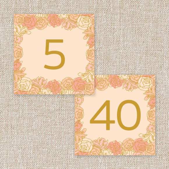 Size: 5" x 5" | 12.7cm x 12.7cm Set up: 2 table numbers on 8.5" x 11" page or A4, 20 pages total. Colors: golden, peach, pinkAvailable in the numbers 1 through 40. No printed table numbers will be mailed to you. After you purchase this digital item, you can instantly download your PDF to print on your own. 