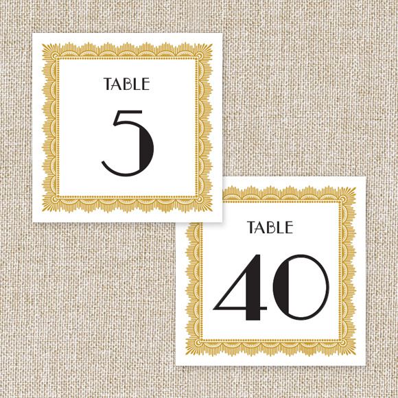 Size: 5" x 5" | 12.7cm x 12.7cm Set up: 2 table numbers on 8.5" x 11" page or A4, 20 pages total. Colors: black and goldenAvailable in the numbers 1 through 40. No printed table numbers will be mailed to you. After you purchase this digital item, you can instantly download your PDF to print on your own. 