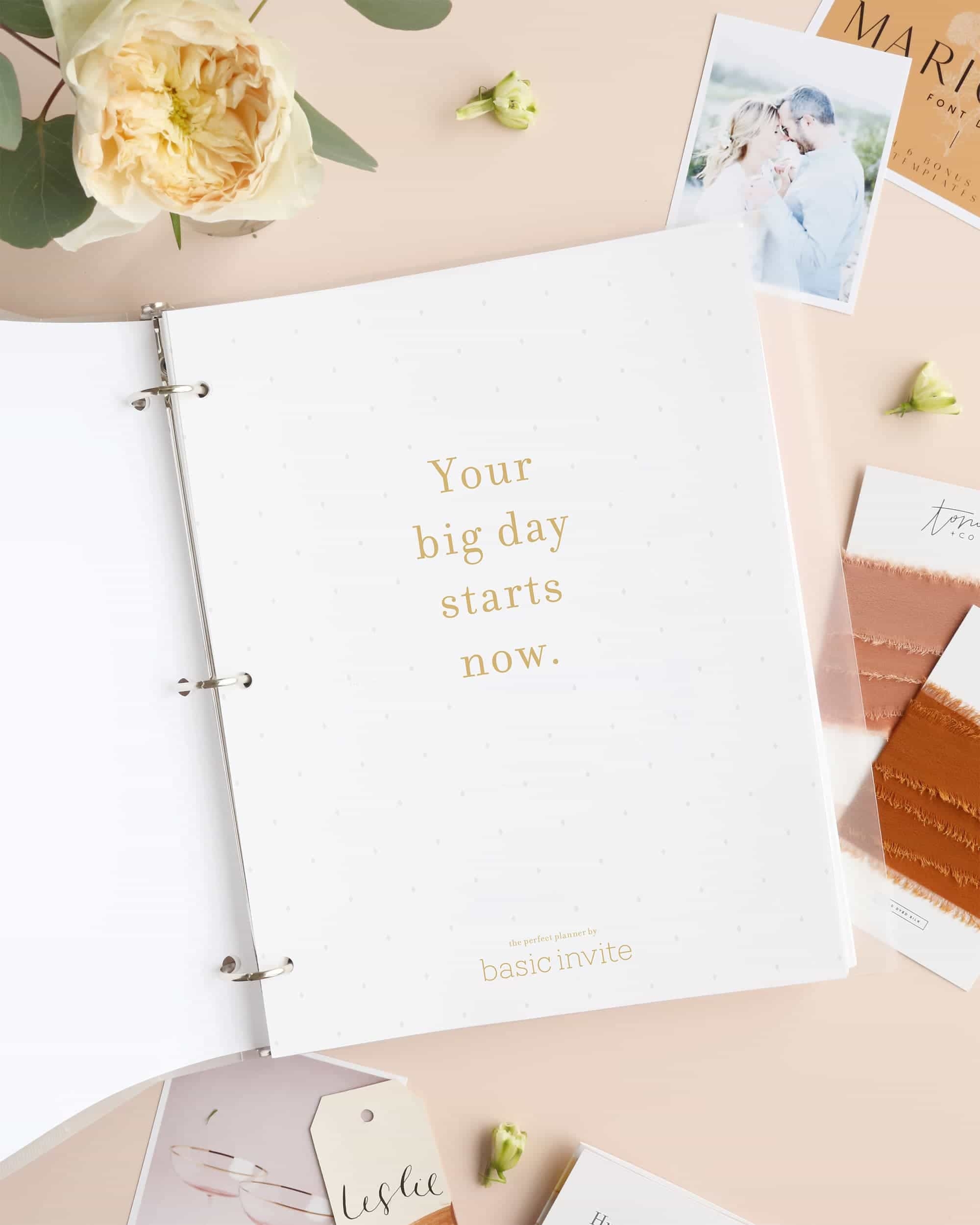 Meet the Perfect Wedding Planner™ by Basic Invite. We’ve compiled all of our essential planning tools into one huge downloadable PDF. This thoughtful guide is over 100 pages and will hold your hand each step of the way in planning your big day.Inside you will find:Detailed checklists and timelinesYearly, monthly, weekly, and daily calendarsSample budgetsWedding vendor worksheetsGuest list and seating worksheetsPro Tips to save you time and moneySpecial discount code for Basic Invite products

Size: 8.5" x 11" paper or A4 Pages: 103 pages total